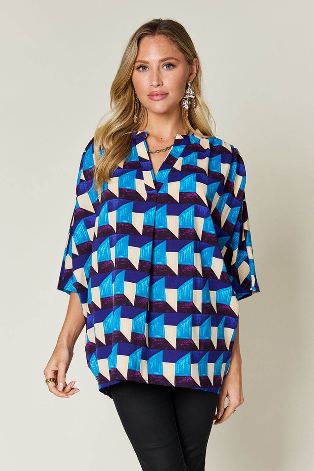 Double Take Full Size Geometric Notched Half Sleeve Blouse Sky Blue for a perfect OOTD – dress to impress outfits from Amexza