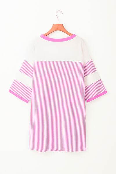 Striped Round Neck Three-Quarter Sleeve Mini Dress for a perfect OOTD – dress to impress outfits from Amexza