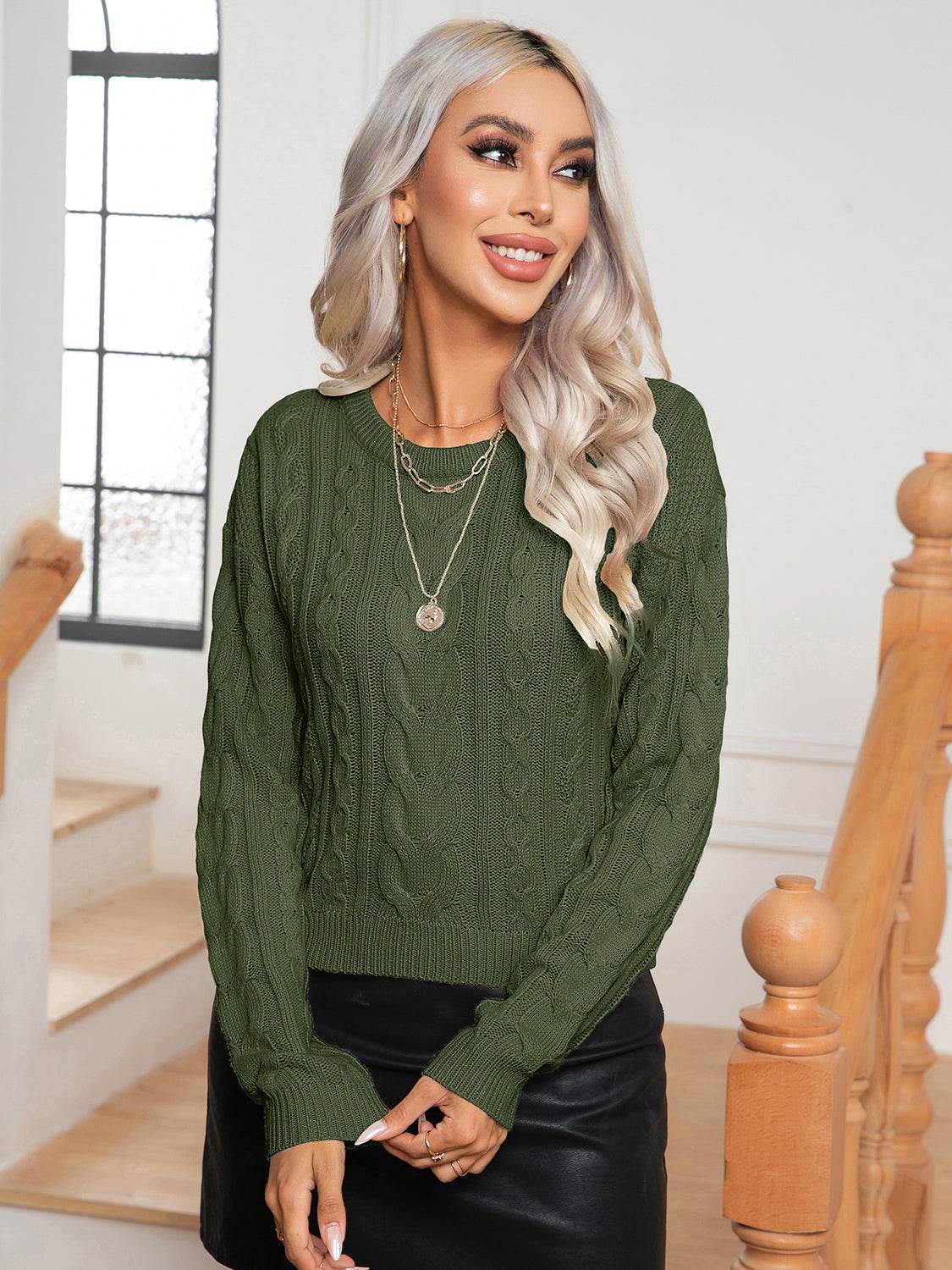 Cable-Knit Round Neck Long Sleeve Sweater Dark Green for a perfect OOTD – dress to impress outfits from Amexza