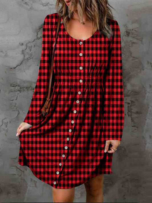 Double Take Full Size Plaid Round Neck Long Sleeve Magic Dress Deep Red for a perfect OOTD – dress to impress outfits from Amexza