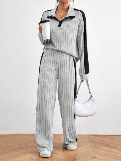 Contrast Collared Neck Long Sleeve Top and Pants Set for a perfect OOTD – dress to impress outfits from Amexza