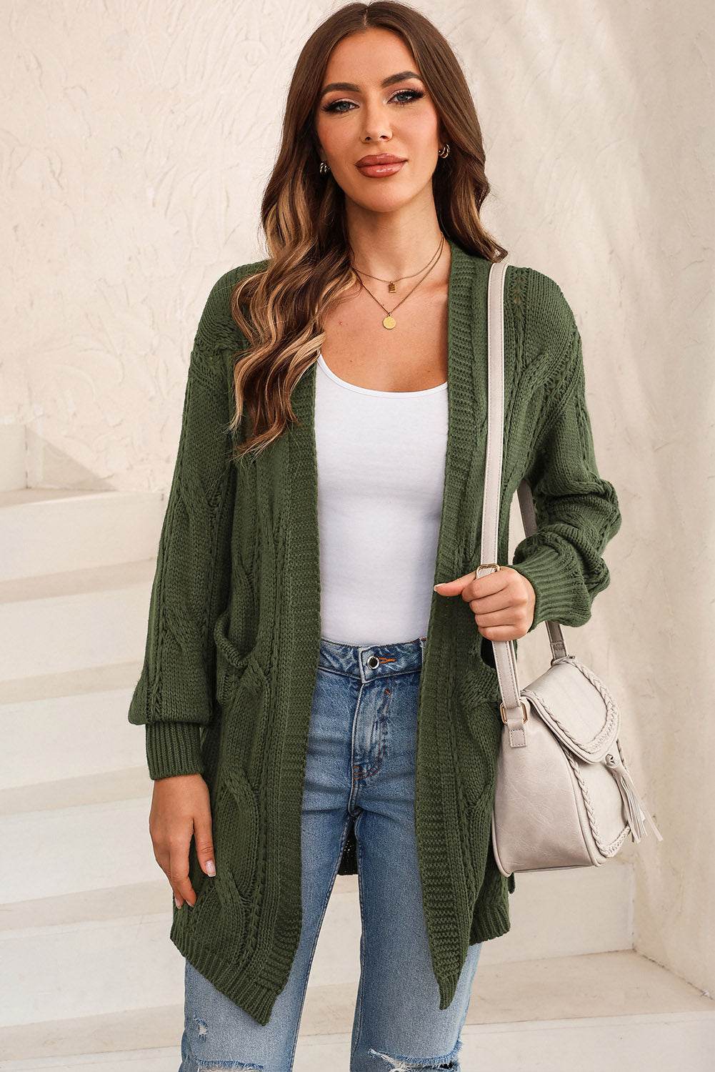 Cable-Knit Dropped Shoulder Slit Cardigan for a perfect OOTD – dress to impress outfits from Amexza