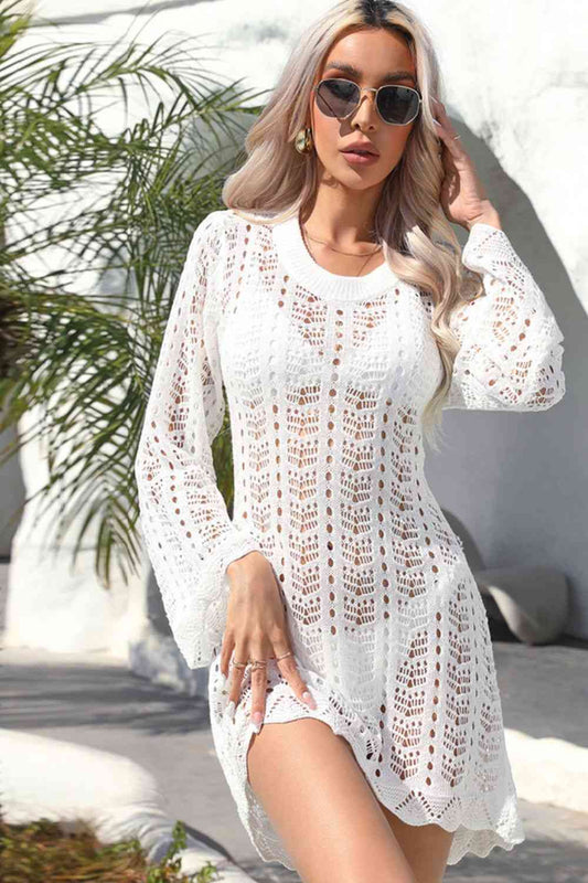 Angel Wings Openwork Scalloped Trim Long Sleeve Cover-Up Dress White for a perfect OOTD – dress to impress outfits from Amexza