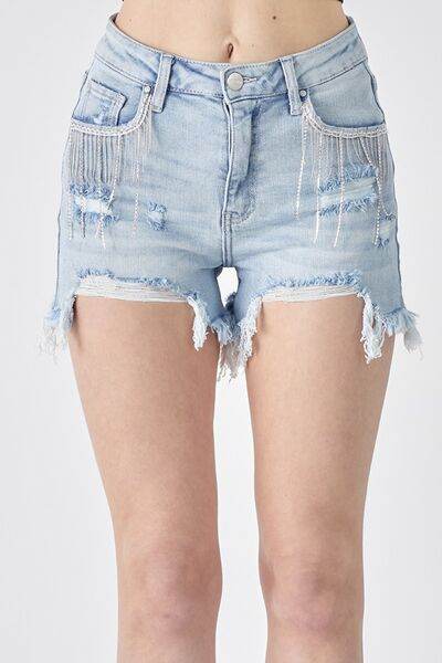 RISEN Frayed Hem Denim Shorts with Fringe Detail Pockets for a perfect OOTD – dress to impress outfits from Amexza