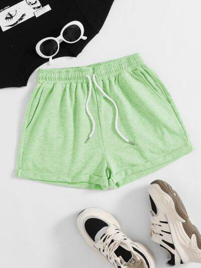 Drawstring Pocketed Elastic Waist Shorts Light Green for a perfect OOTD – dress to impress outfits from Amexza