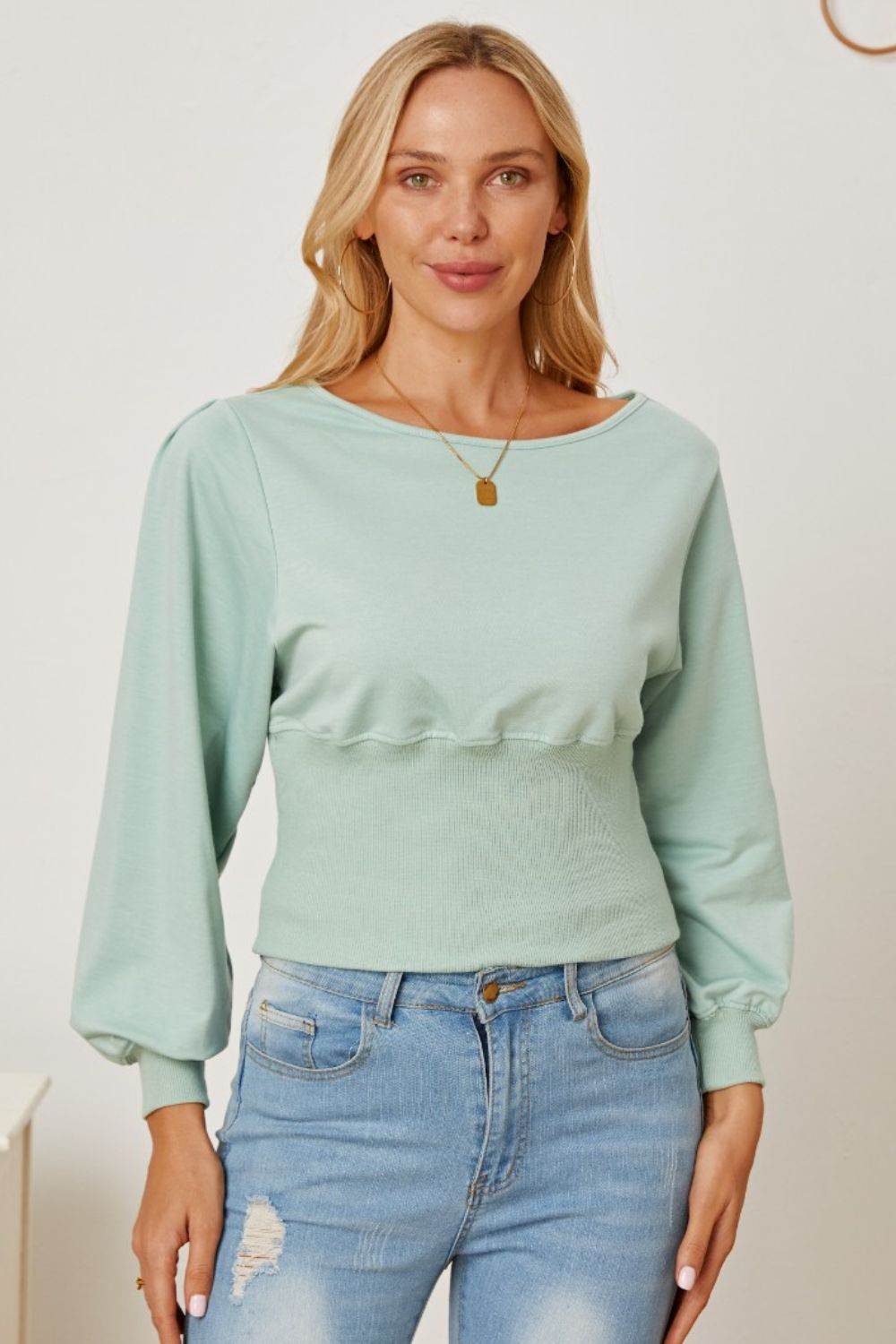 Boat Neck Lantern Sleeve Blouse Sage for a perfect OOTD – dress to impress outfits from Amexza