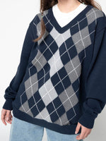 Geometric V-Neck Long Sleeve Sweater Dark Blue for a perfect OOTD – dress to impress outfits from Amexza