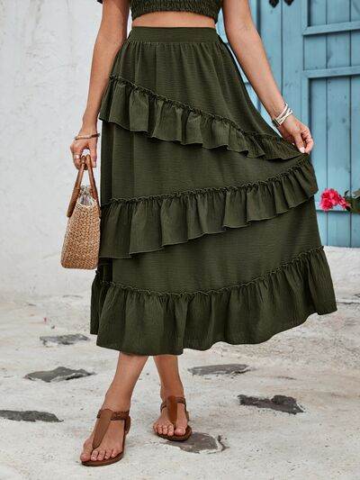 Honey Ruffled Elastic Waist Midi Skirt for a perfect OOTD – dress to impress outfits from Amexza