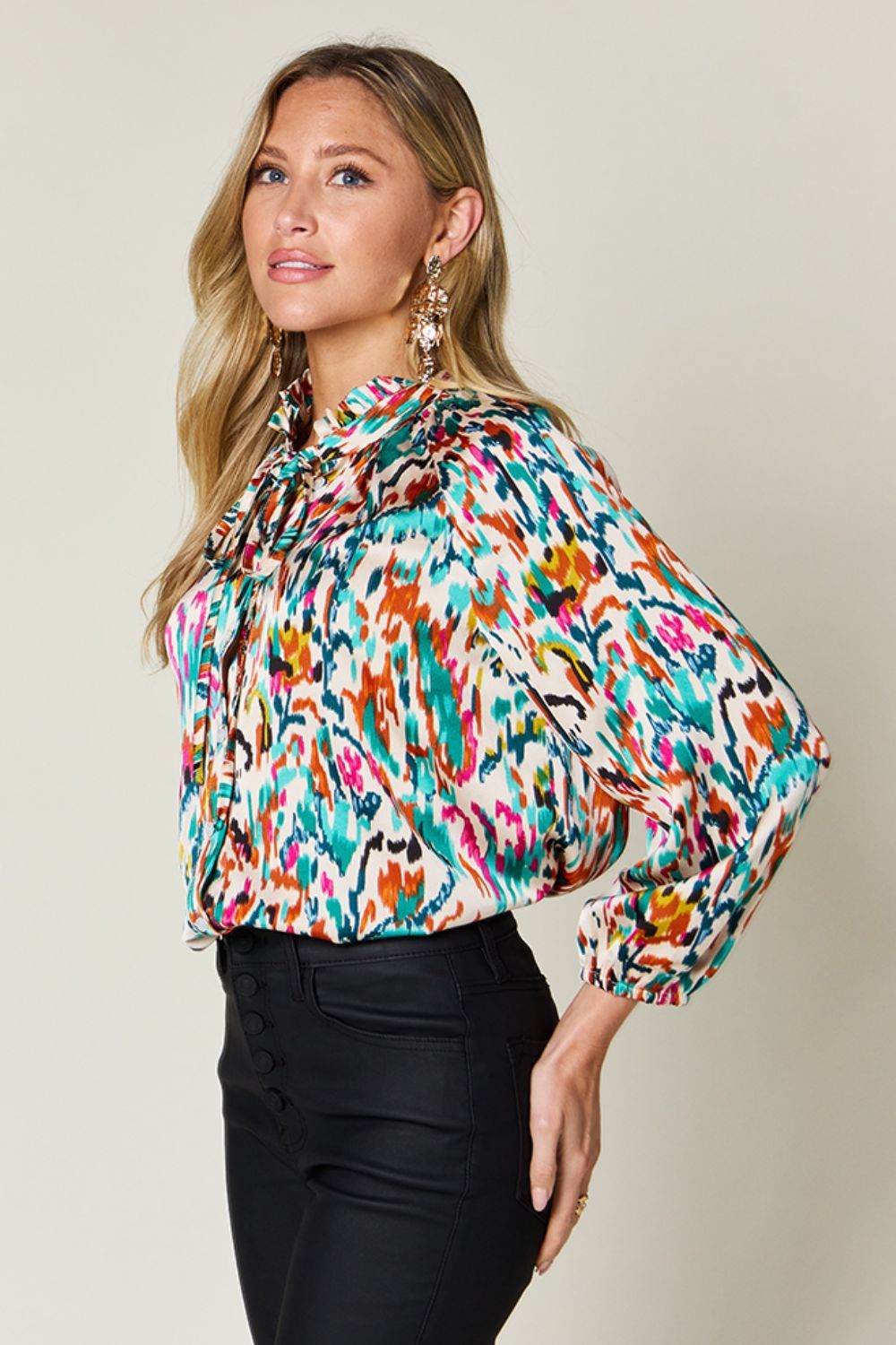Double Take Full Size Printed Button Up Long Sleeve Shirt - Amexza