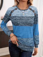 Decorative Button Contrast Round Neck Long Sleeve T-Shirt - Amexza