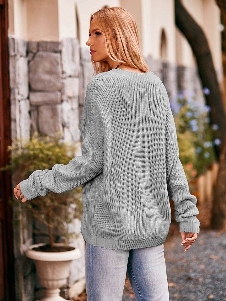 Waffle-Knit Long Sleeve Sweater - Amexza