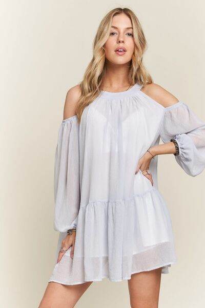 ADORA Cold Shoulder Balloon Sleeve Mini Dress BLUE for a perfect OOTD – dress to impress outfits from Amexza