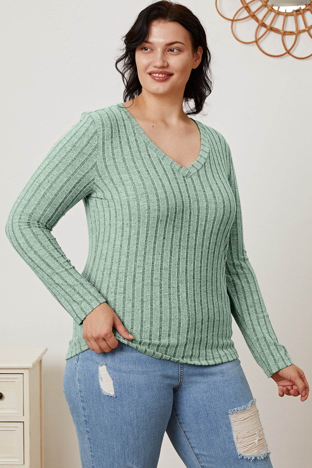 Basic Bae Full Size Ribbed V-Neck Long Sleeve T-Shirt for a perfect OOTD – dress to impress outfits from Amexza