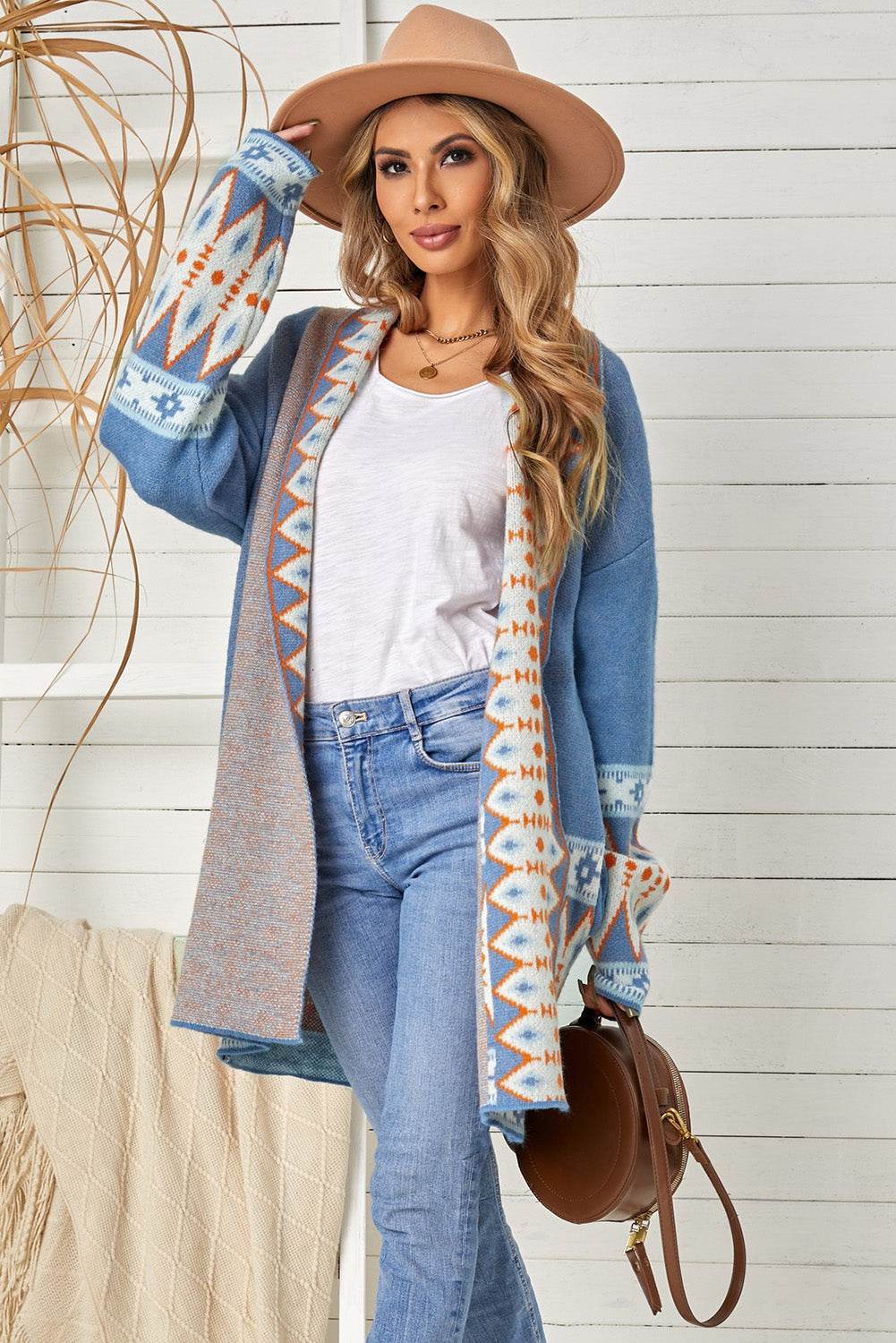 Geometric Open Front Long Sleeve Cardigan for a perfect OOTD – dress to impress outfits from Amexza