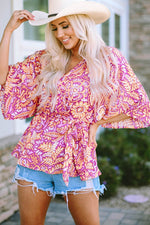 Floral V-Neck Tie Front Ruffled Blouse - Amexza