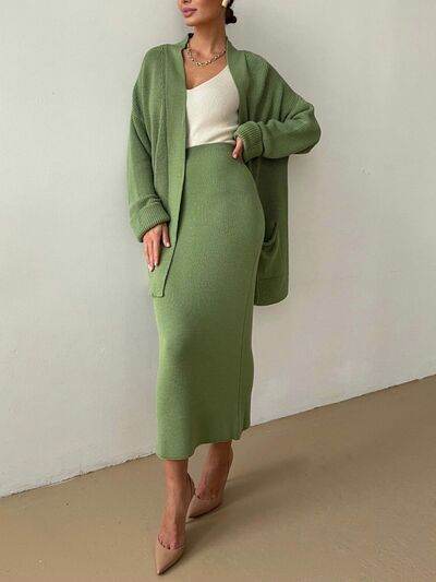 Pocketed Long Sleeve Cardigan and Skirt Sweater Set - Amexza