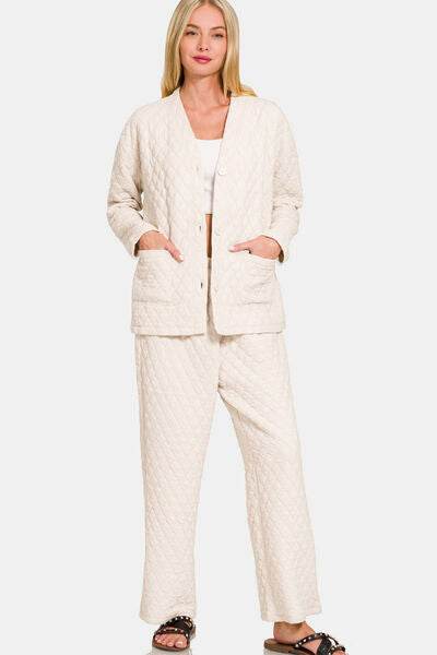 Zenana Quilted Button Up Long Sleeve Top and Pants Lounge Set Beige for a perfect OOTD – dress to impress outfits from Amexza