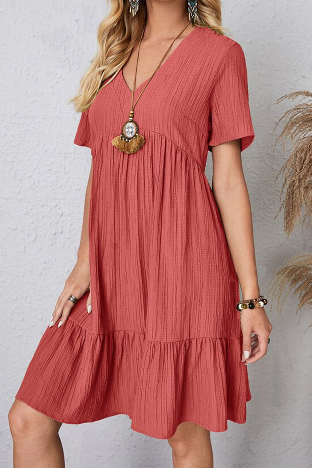 Full Size Ruched V-Neck Short Sleeve Dress - Coral / S