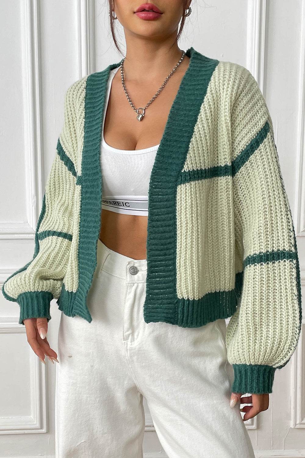 Contrast Open Front Long Sleeve Cardigan - Amexza