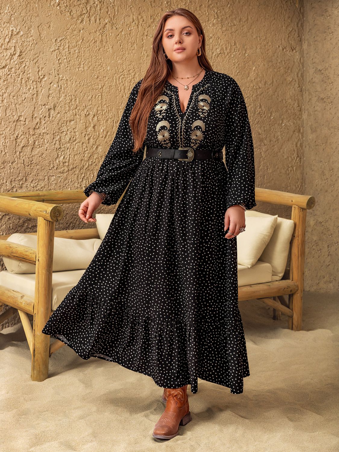 Plus Size Embroidered Polka Dot Notched Long Sleeve Dress - Black / 0XL