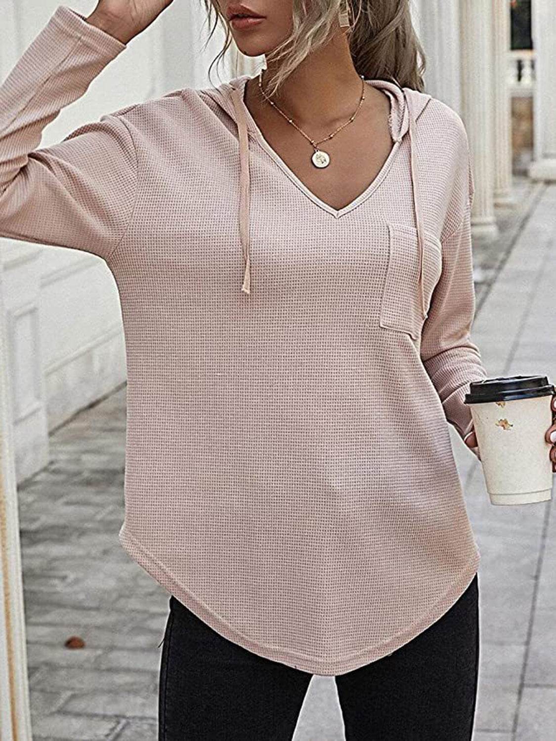 Drawstring Waffle Knit Long Sleeve Hooded Top for a perfect OOTD – dress to impress outfits from Amexza