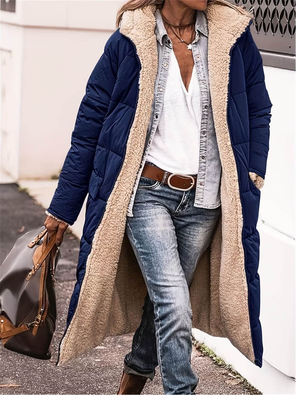 Full Size Zip Up Sherpa Hooded Coat Dark Blue for a perfect OOTD – dress to impress outfits from Amexza