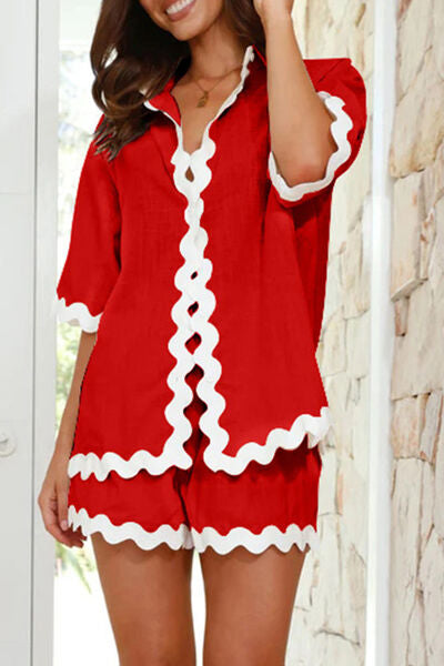 Contrast Trim Half Sleeve Top and Shorts Set Deep Red for a perfect OOTD – dress to impress outfits from Amexza