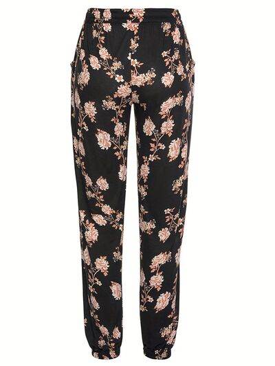 Drawstring Flower Pants with Pockets - Amexza