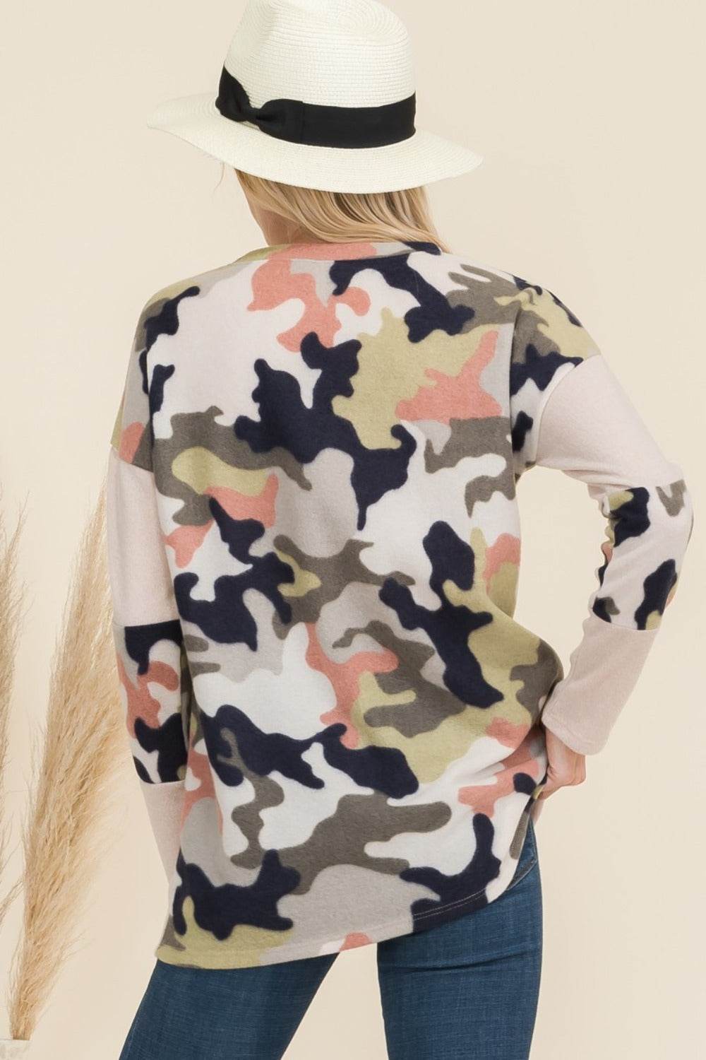 Celeste Full Size Camo Print Contrast Long Sleeve T-Shirt for a perfect OOTD – dress to impress outfits from Amexza