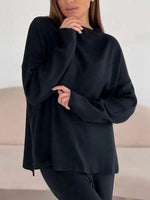 Slit Mock Neck Top and Pants Sweater Set Black for a perfect OOTD – dress to impress outfits from Amexza