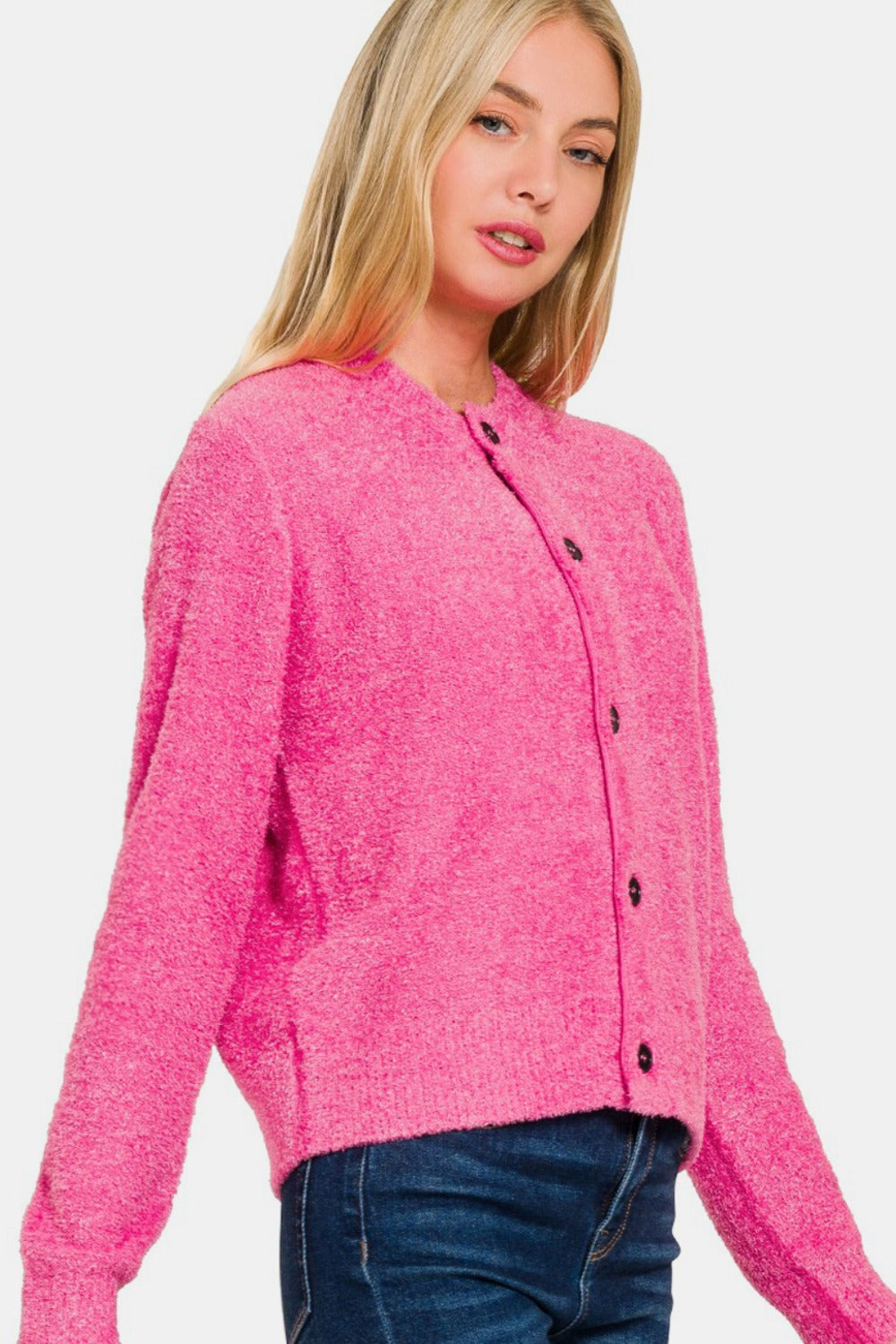 Zenana Button Down Long Sleeve Sweater Cardigan Fuchsia for a perfect OOTD – dress to impress outfits from Amexza