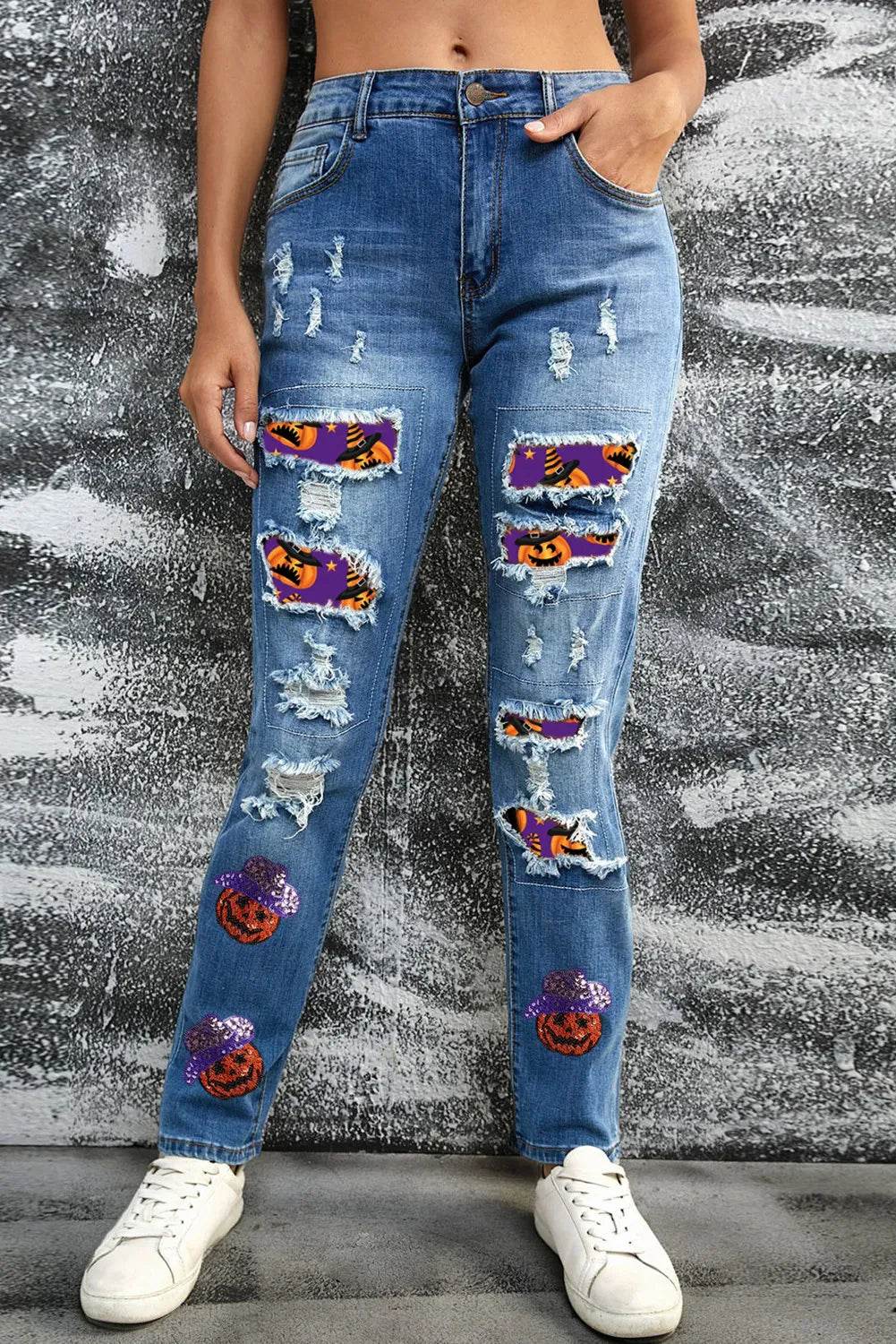 Distressed Sequin Pumpkin Jeans - Amexza