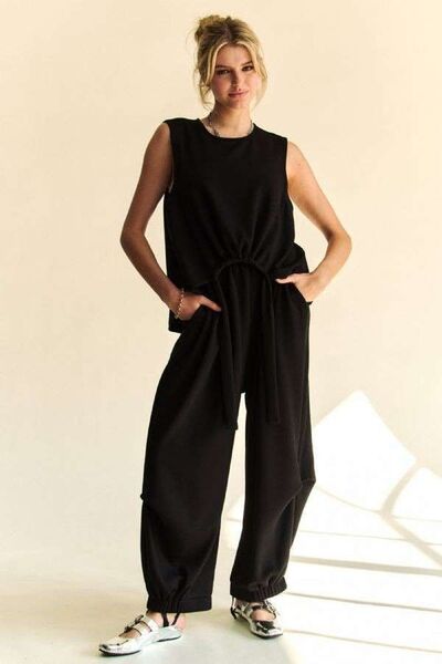 Davi & Dani Drawstring Hem Round Neck Tank and Pants Set Black for a perfect OOTD – dress to impress outfits from Amexza