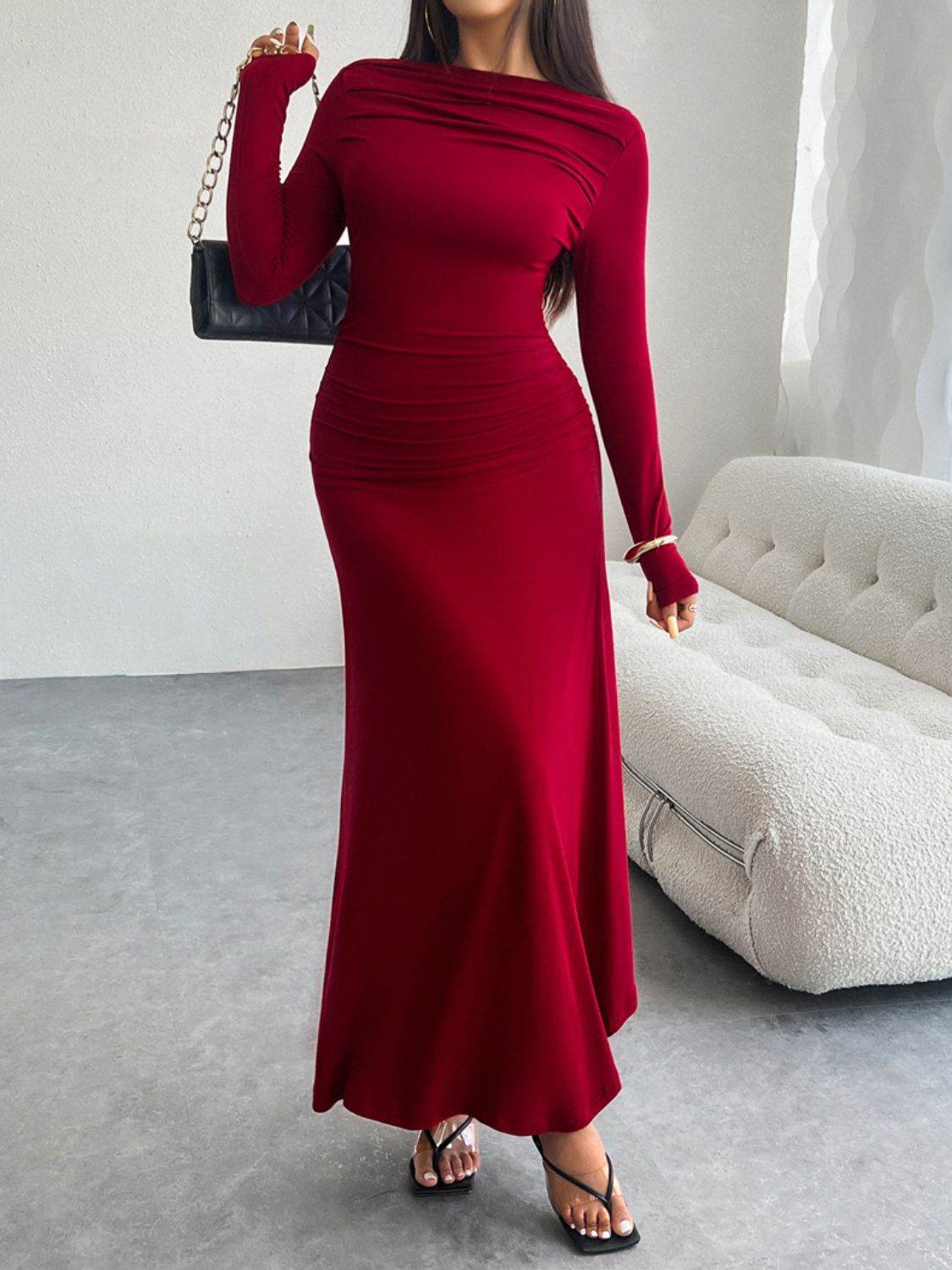 Devine Ruched Long Sleeve Maxi Dress - Amexza