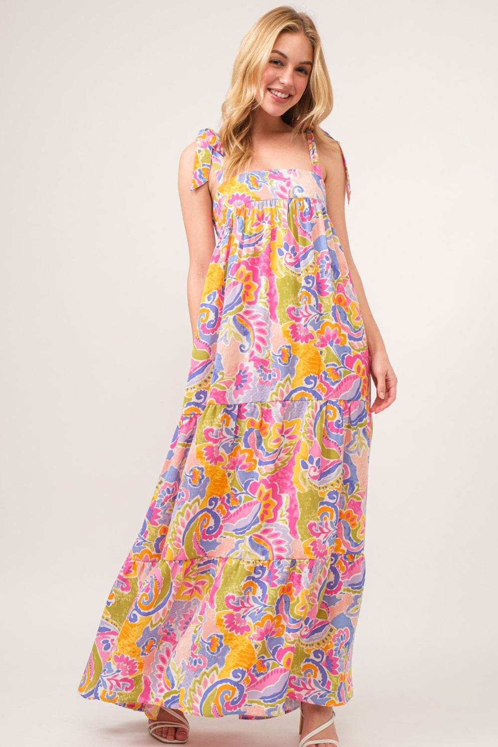 Full Size Printed Tie Shoulder Tiered Maxi Dress - Amexza