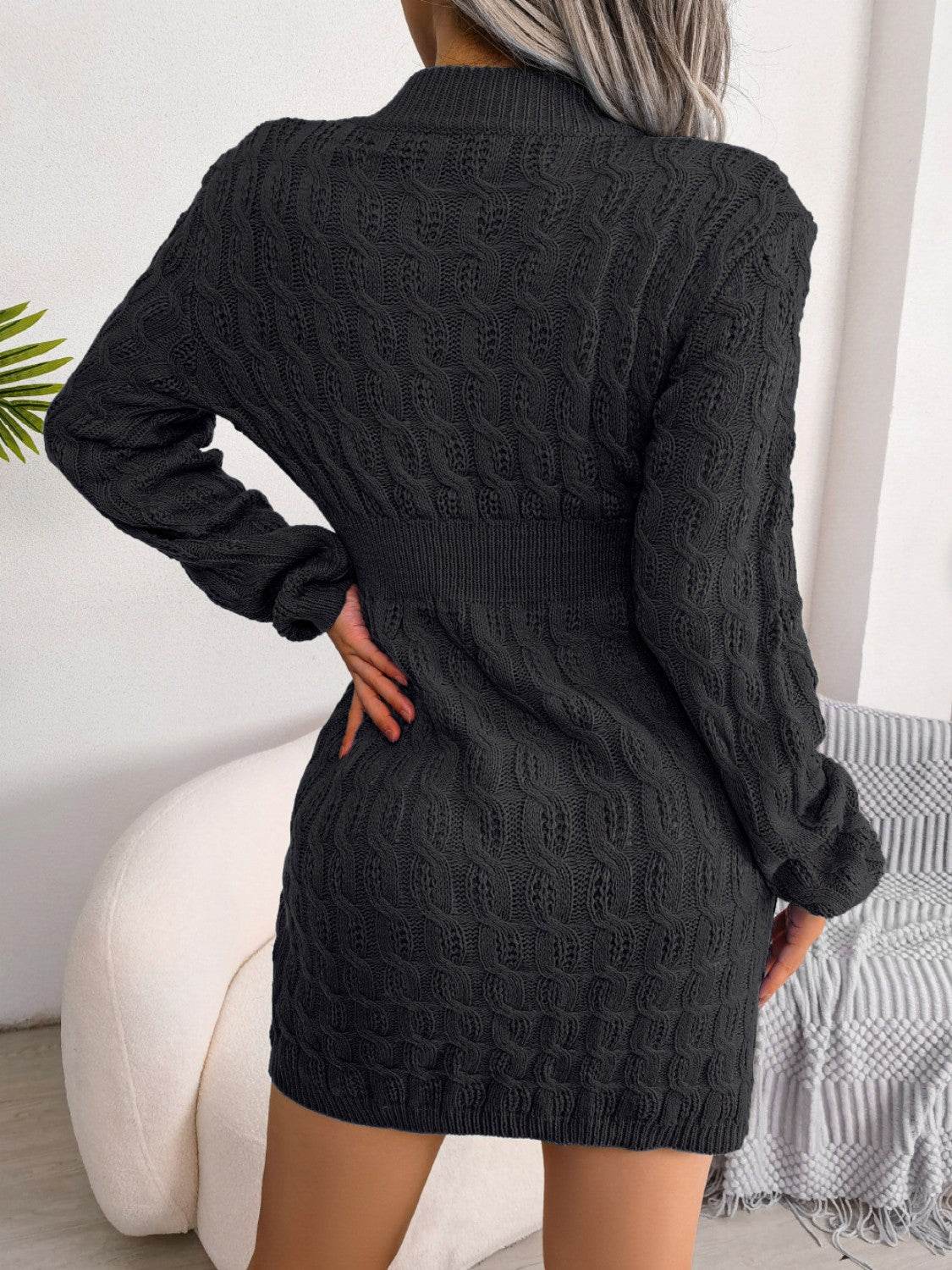 Cable-Knit Round Neck Mini Wrap Sweater Dress - Amexza