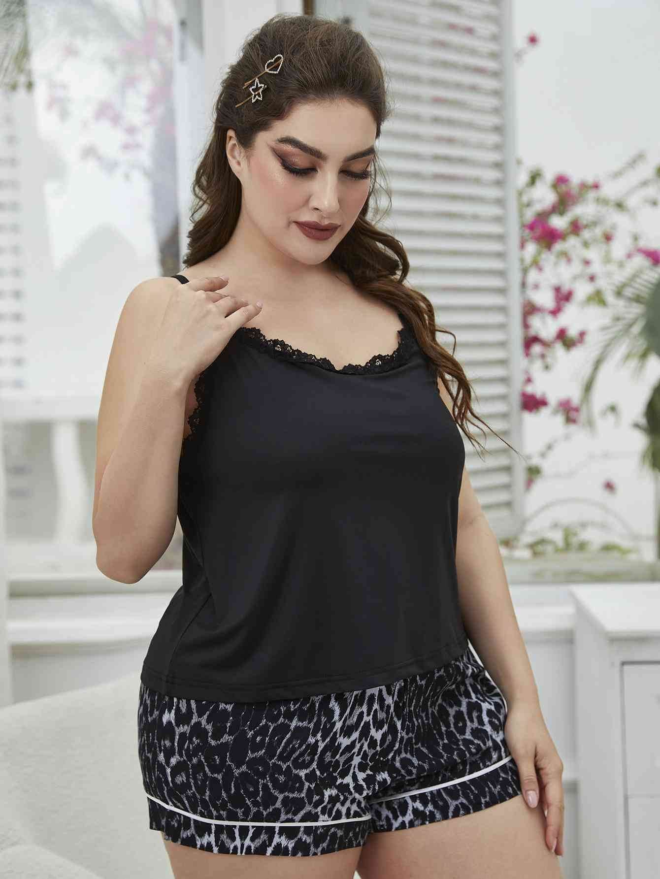 Plus Size Lace Trim Scoop Neck Cami and Printed Shorts Pajama Set for a perfect OOTD – dress to impress outfits from Amexza