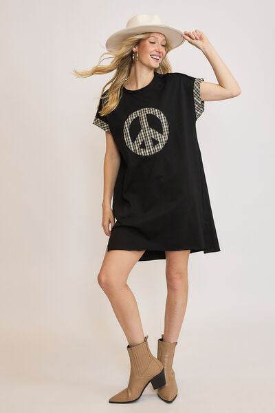 Umgee Peace Plaid Applique Short Sleeve Mini Dress Black for a perfect OOTD – dress to impress outfits from Amexza