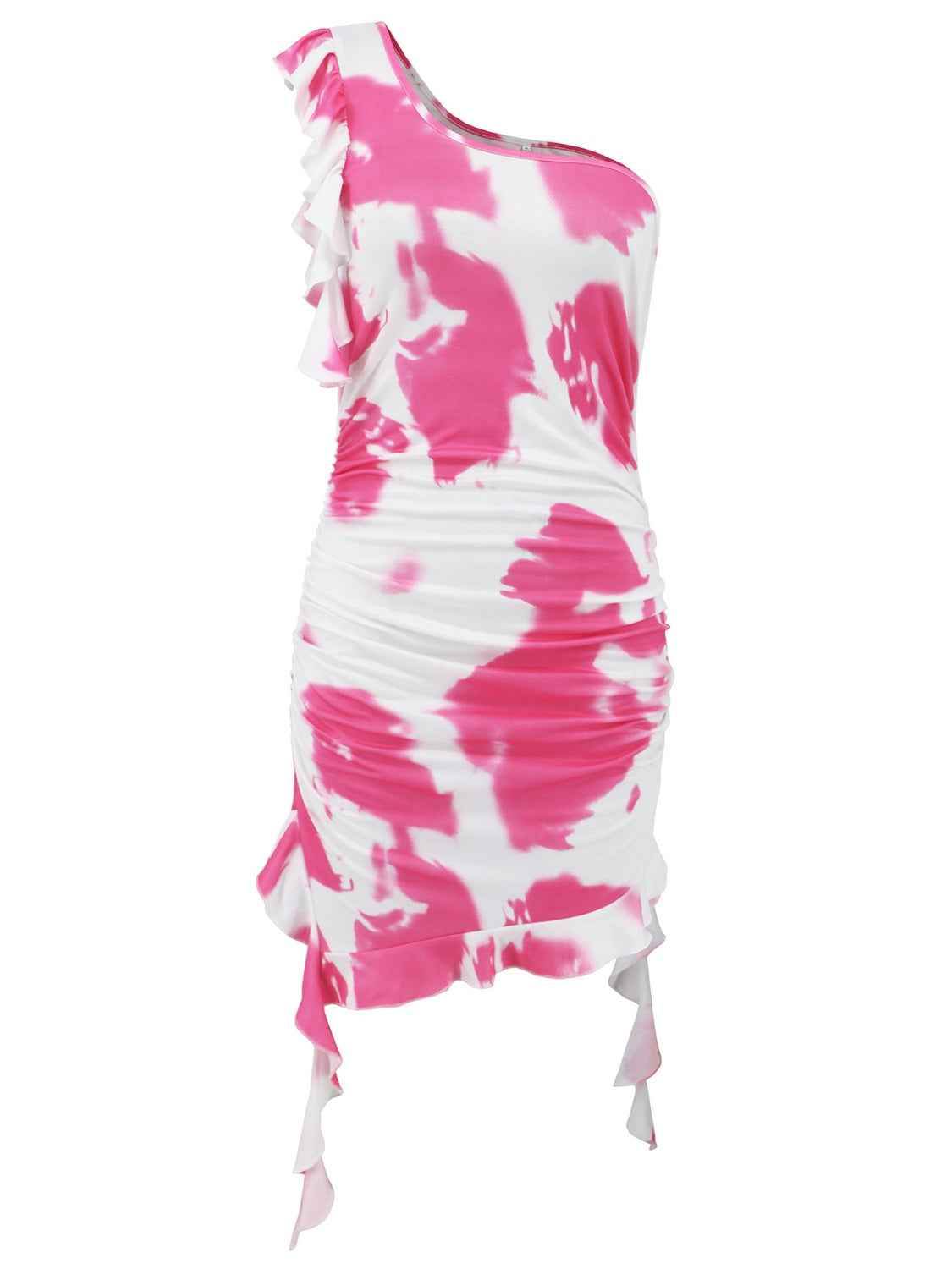 Ruffled Tie-Dye Single Shoulder Mini Dress - Amexza