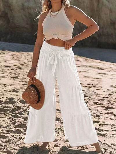 Tied Ruched Wide Leg Pants - Amexza