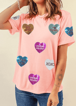 Valentine’s Day Sequin Heart Round Neck Short Sleeve T-Shirt - Amexza
