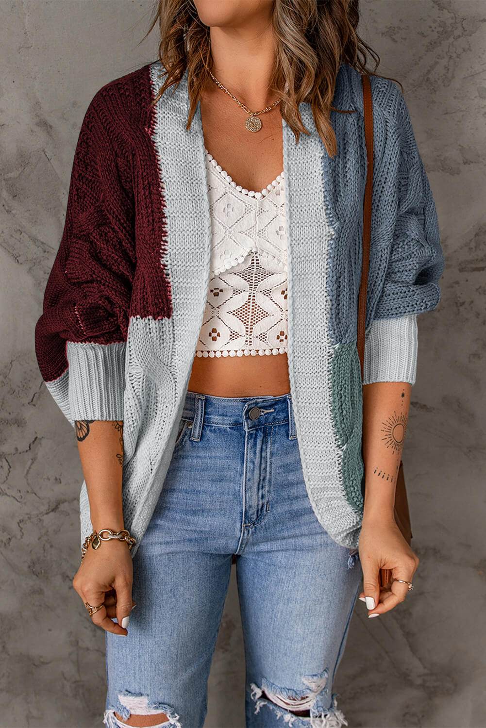 Woven Right Color Block Cable-Knit Batwing Sleeve Cardigan - Amexza