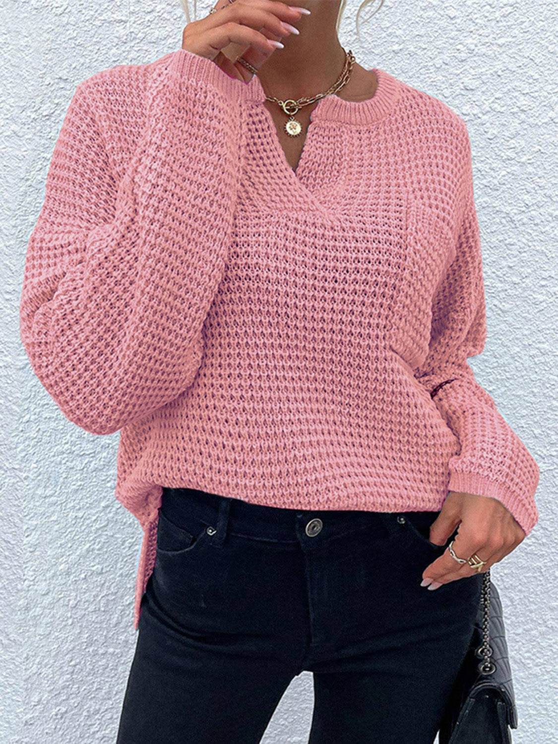 Notched Long Sleeve Sweater Dusty Pink for a perfect OOTD – dress to impress outfits from Amexza