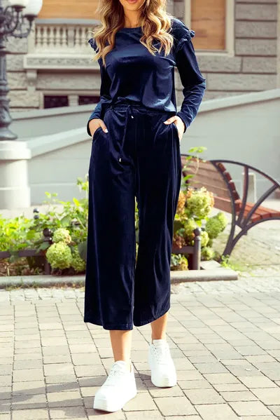 Velvet Round Neck Long Sleeve Top and Drawstring Pants Lounge Set Navy for a perfect OOTD – dress to impress outfits from Amexza