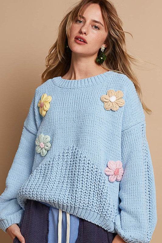 POL Crochet Flower Round Neck Dropped Shoulder Sweater Light Blue for a perfect OOTD – dress to impress outfits from Amexza