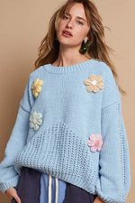 POL Crochet Flower Round Neck Dropped Shoulder Sweater Light Blue for a perfect OOTD – dress to impress outfits from Amexza