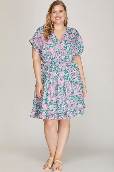 She + Sky Full Size Ruffled Hem Printed Surplice Kimono Sleeve Mini Dress Plus Size for a perfect OOTD – dress to impress outfits from Amexza