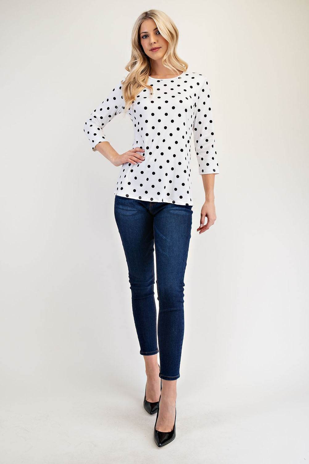 Celeste Full Size Polka Dot Round Neck Three-Quarter Sleeve T-Shirt for a perfect OOTD – dress to impress outfits from Amexza