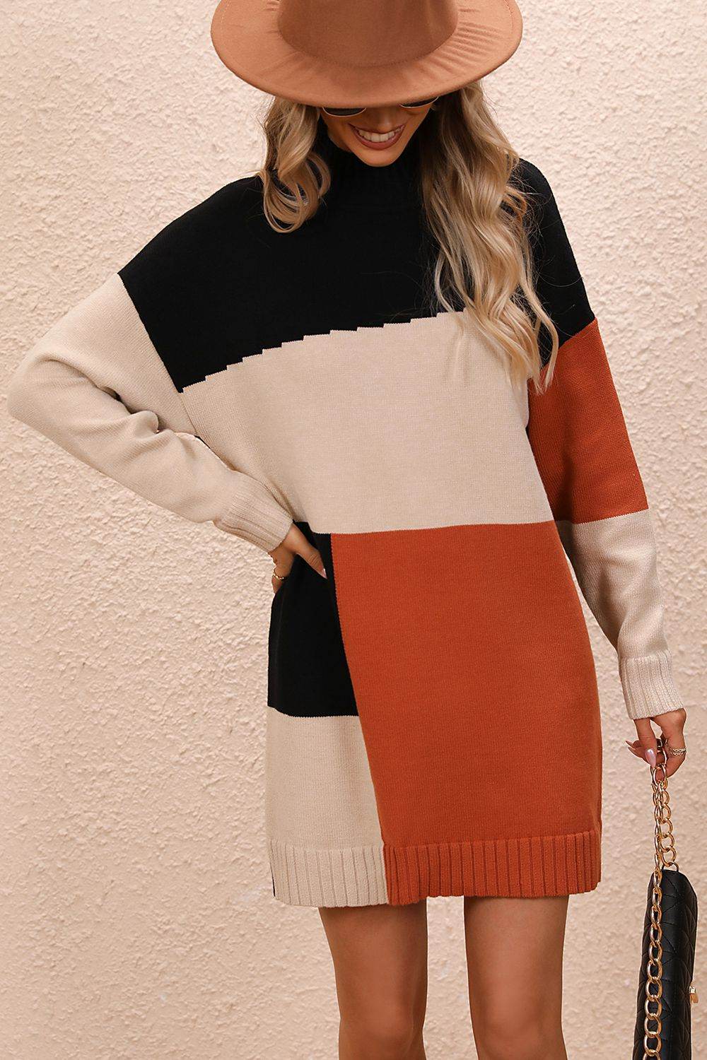 Color Block Mock Neck Dropped Shoulder Sweater Dress for a perfect OOTD – dress to impress outfits from Amexza