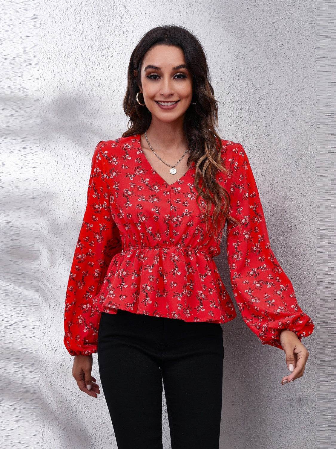 Floral V-Neck Balloon Sleeve Peplum Blouse - Amexza